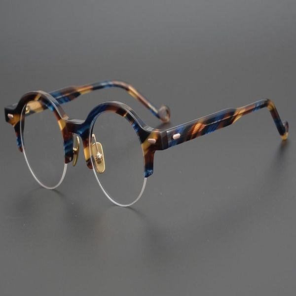 

fashion sunglasses frames vintage japanese handmade acetate eyeglasses frame women half rim round eyewear clear lens optical gla, Black