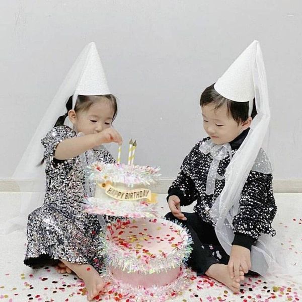 

party hats girl's birthday hat glitter powder sequin pointed mesh princess cap full moon po prop decoration