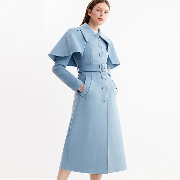 

women's wool & blends autumn winter woolen coat women light blue single breasted belted cloak lapel slim temperament thick outerwear, Black