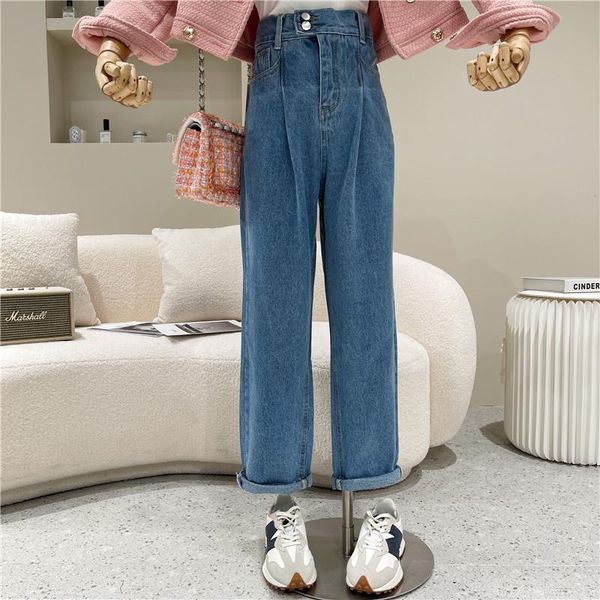 

women's spring 2021 fashion vintage washed blue high waisted jeans casual style and loose straight pants