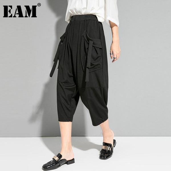 

[eam] high elastic waist black pocket pleated calf-length trousers loose fit pants women fashion spring summer 1dd7502 21512, Black;white
