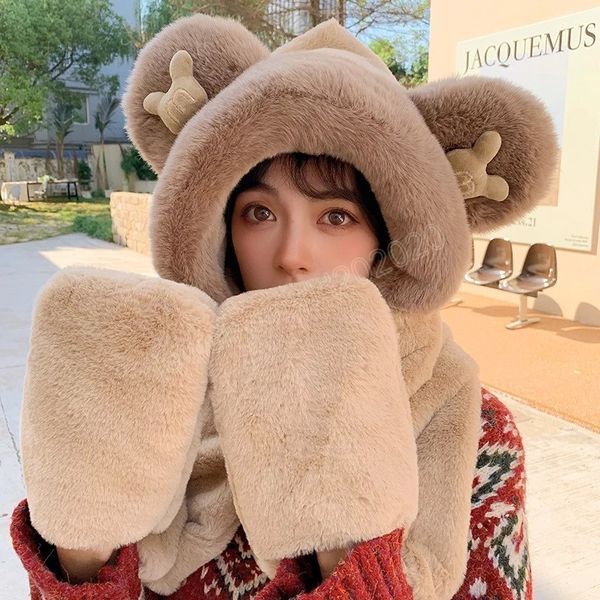 

women winter fashion hooded srarves scarf hat glove 3 piece sets soft thick warm scarf snood pocket hats, Blue;gray