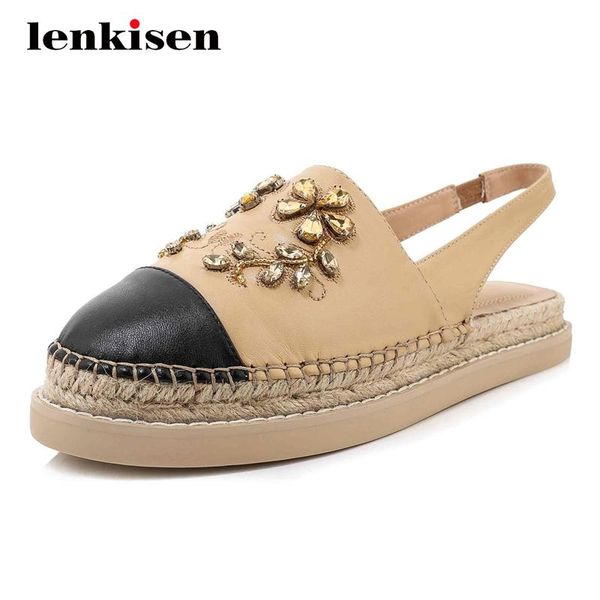 

dress shoes lenkisen 2021 leisure real leather rhinestone flowers straw thick bottom round toe mid heel slip on elastic band women pumps l17, Black