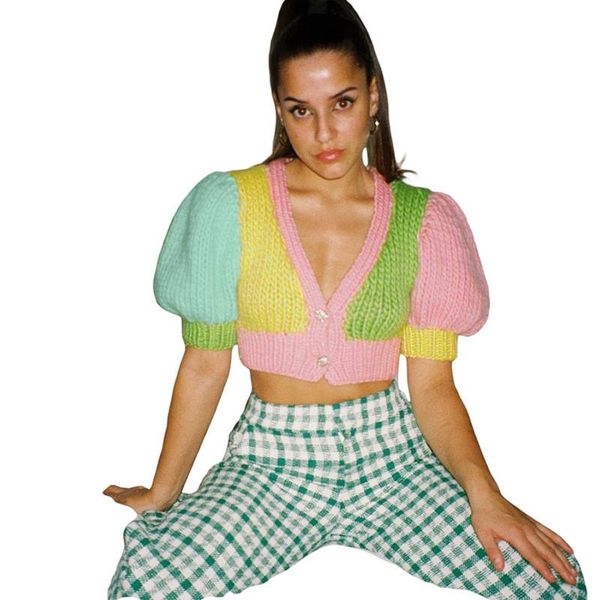 

women's knits & tees 2021 summer women's short sleeve v-neck sweater fashion navel slim contrast color knit sweaters female lr1768, White