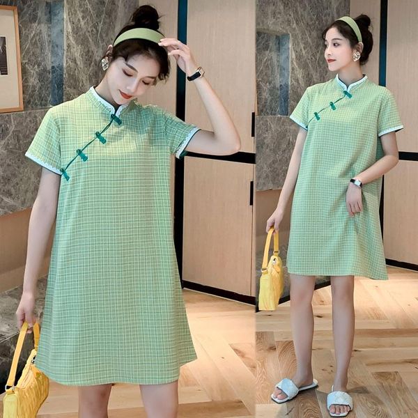 Abiti premaman 388 # Vestiti Estate Maniche corte Colletto alla coreana Migliora il cheongsam Abbinamento facile Vestito da mamma per donne incinte