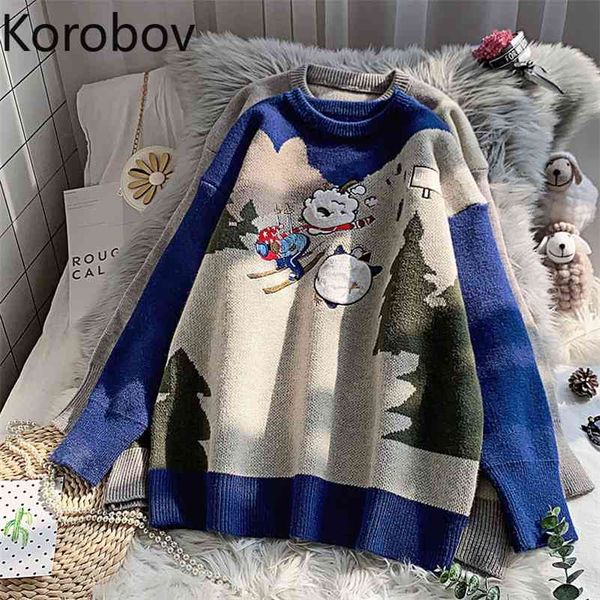 

korobov autumn winter thick warm women sweaters korean o neck long sleeve cartoon kawaii sueter mujer preppy style pullovers 210430, White;black