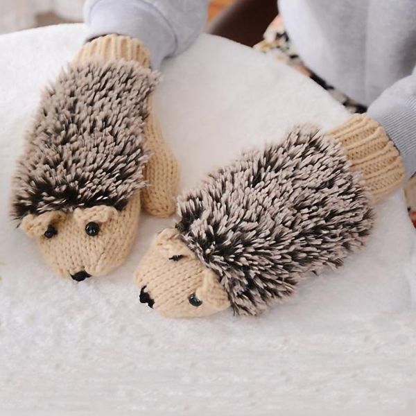 

five fingers gloves women winter without knitting wool cute warm mittens fingerless cartoon hedgehog luvas guantes, Blue;gray