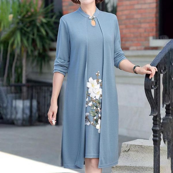 

casual dresses cheongsam dress skin-friendly autumn straight all-match trendy elegant embroidery flower, Black;gray