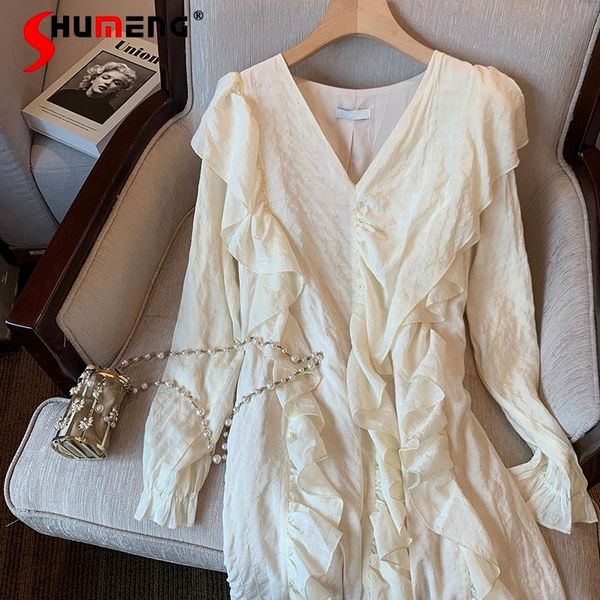 

casual dresses women 2021 autumn loose long sleeve irregular ruffled chic elegant mid-calf dress ladies fashion v-neck petal, Black;gray