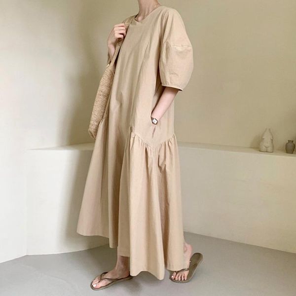 

casual dresses [ewq] korean spring autumn fashion leisure women round neck white waist irregular short puff sleeve long dress female 16e3091, Black;gray
