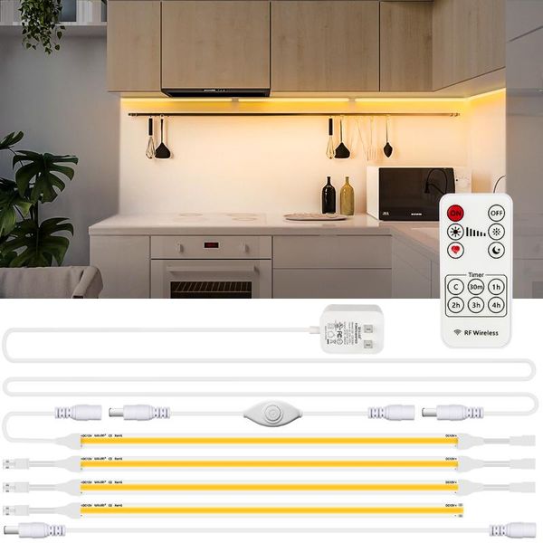 

dimmable under cabinet lighting kit, 4 pcs cob led strips with remote control, soft light for kitchen counter, closet