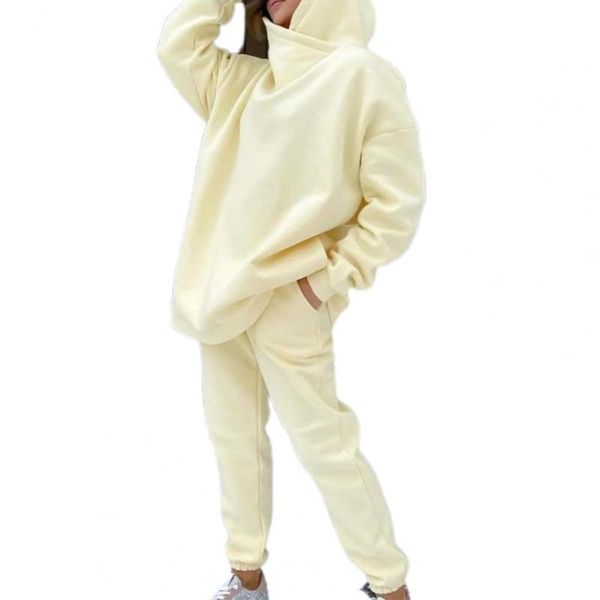 

women's two piece pants 1 set women hoodies sets trousers solid color pockets loose sweatshirt ankle tied sweatpants suit, White