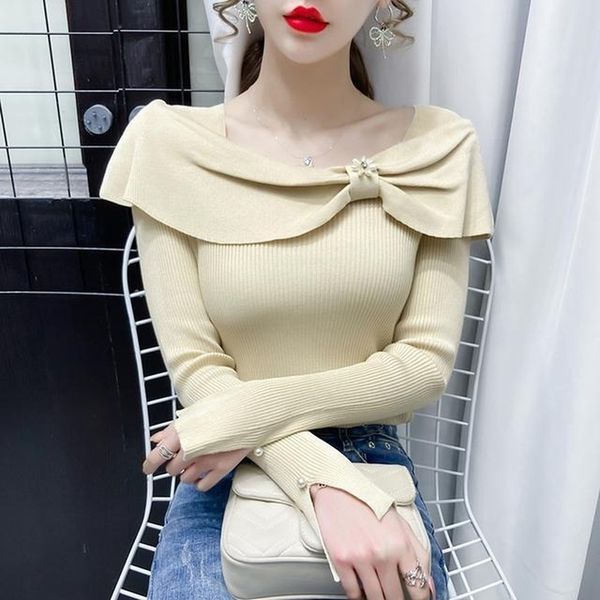 

matakawa spring slash neck knit sweater korean beaded slim sweaters for women long sleeve bottoming pullover 210513, White;black