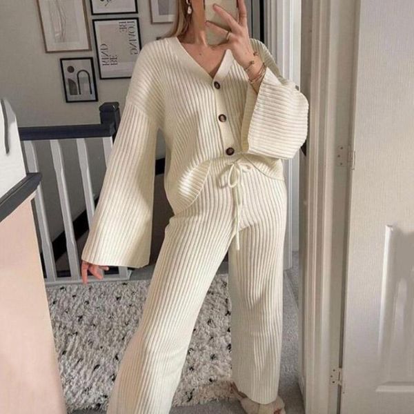 

women's two piece pants holiwind 2021 women knitting 2-pieces sweater suitr v-neck single-breasted cardigan + lady winter set, White