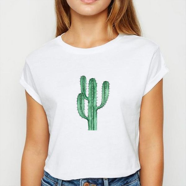

leaves and cactus ulzzang women t shirt spring summer vestidos graphic printing o neck shirts, White