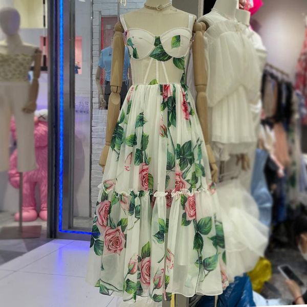 

casual dresses women sleeveless strap maxi summer dress floral print high waist tunic sweet holiday, Black;gray