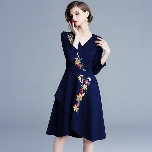 

casual dresses autumn winter floral embroidery dress vintage women clothes v neck elegant asymmetrical robe femme party blue vestidos, Black;gray