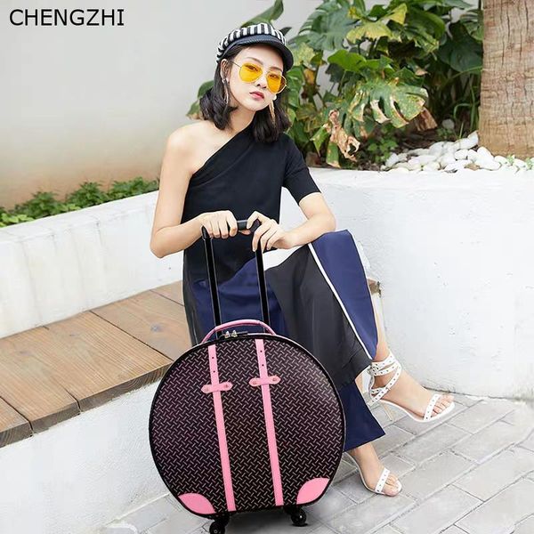 

suitcases chengzhi 22" inch retro women pu leather trolley bag spinner travel suitcase round rolling luggage on wheels
