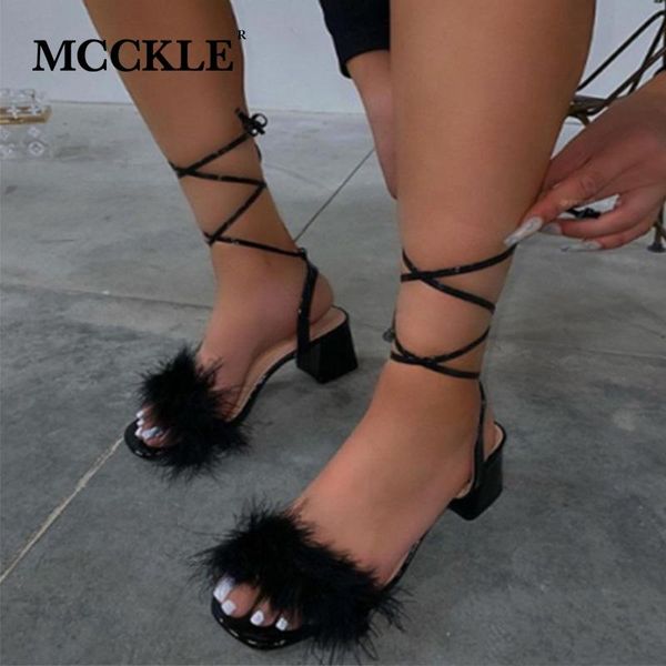 

women's sandals square toe mid heels ankle strap for women furry solid female summer shoes ladies plus size dress, Black