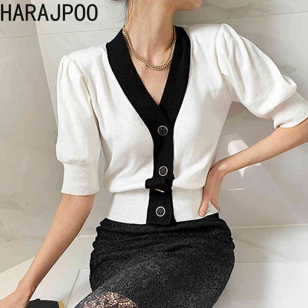 

women sweater summer korean chic style contrast color edging v-neck single-breasted slimming puff sleeve cardigans 210514, White;black