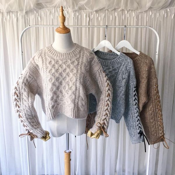 

women lace up twist kint sweater korean fashion thicken long sleeve round collar retro knitwear female clothing women's sweaters, White;black