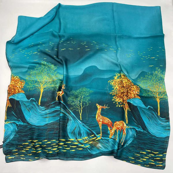 

2021 thin imitation silk satin printed scarf women's live sunscreen shawl travel versatile long style, Blue;gray