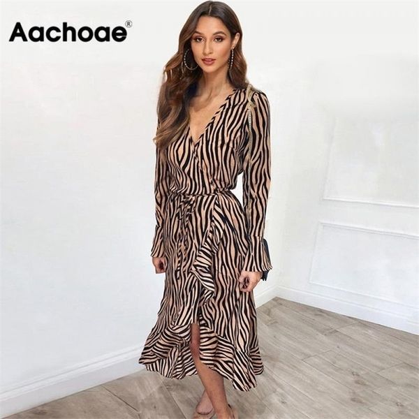 Aachoae Abiti lunghi Donna Zebra Print Beach Bohemian Maxi Dress Casual Manica lunga Scollo a V Ruffles Party Dress Abiti 210325