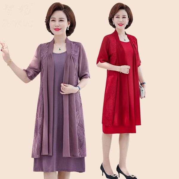 

women's mother dress summer short sleeve large size middle-length two-piece suit fashion lace splice cardigan shawl jacket k194 two pie, White