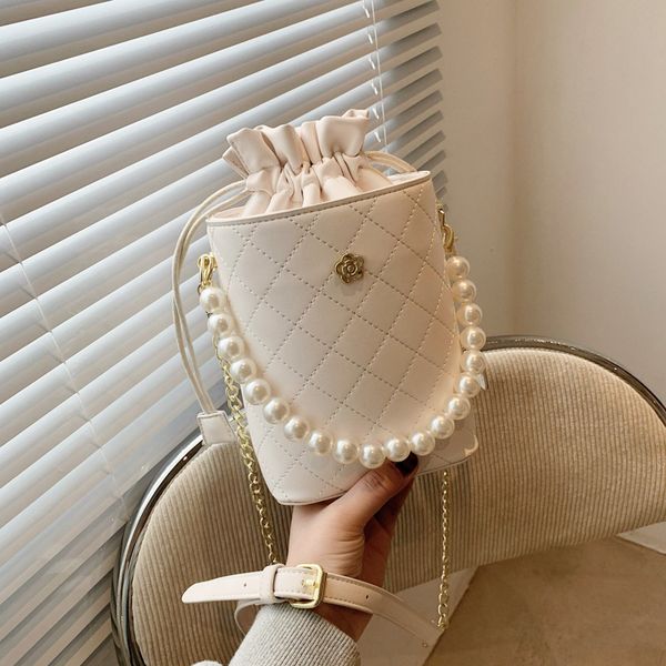 

women's bags spring/summer 2021 pearl chain portable one shoulder bucket bag fashion embroidery thread diamond lattice messenger small