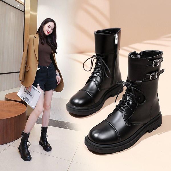 

women's mid calf boots rock shoes woman booties ladies low heels round toe luxury designer boots-women lolita, Black