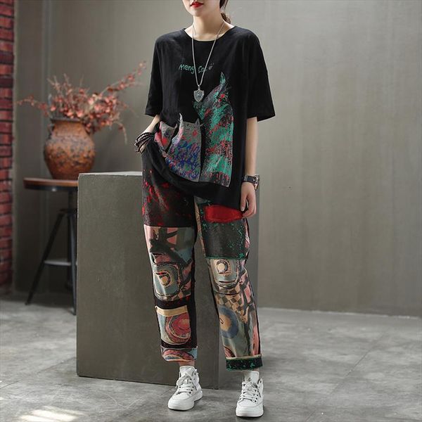 

las mujeres verano otoo patchwork women capri vintage de cintura alta pantalones harn oficina dama casuales mujer suelta ropa calle, Black;white