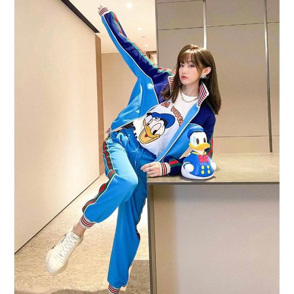 

women's sports suit color matching webbing retro baseball jacket waist jogging sweatpants set mesh lined trousers two piece pants, White