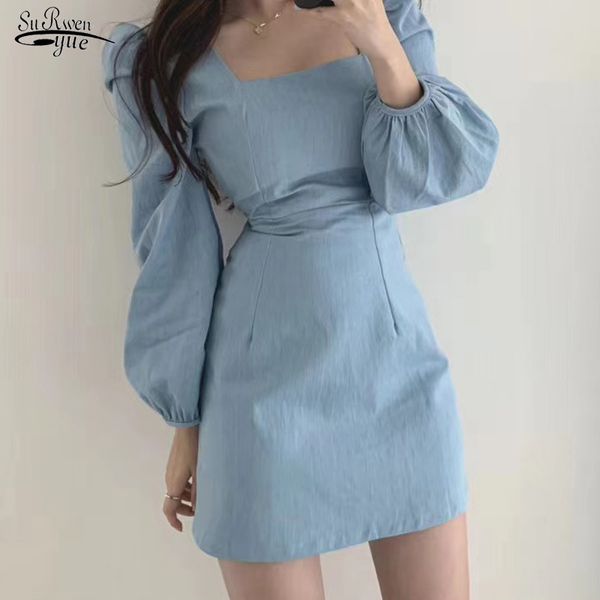 

korean women high waist solid puff sleeve bag hip short dress chic square collar expose clavicle slim fit vestidos 12148 210521, Black;gray