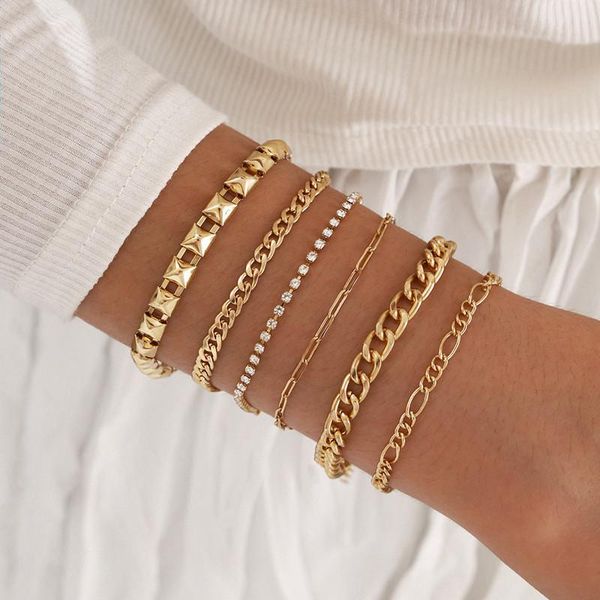 

link, chain 6 pcs/set fashion gold crystal bracelets set vintage multilayer chunky bracelet for women jewelry accessories, Black