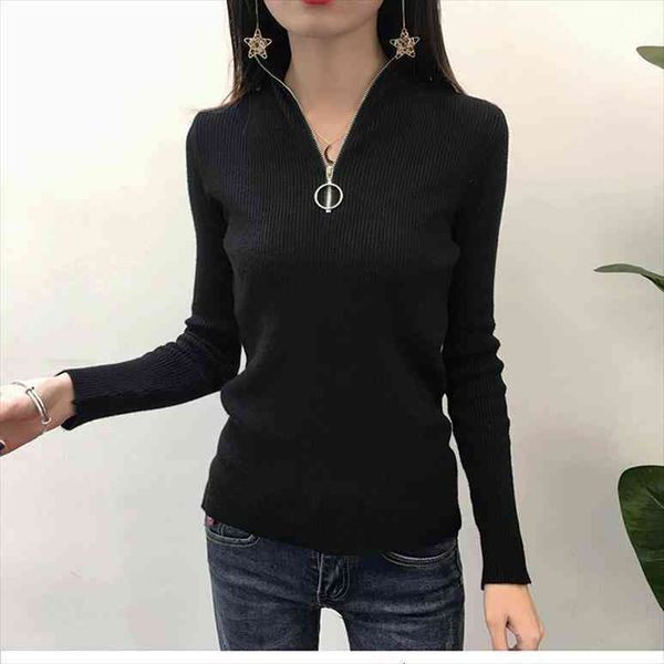 

autumn winter knitted pullovers women sweater turtleneck zipper up solid slim knitting sweaters big size pull femme, White;black