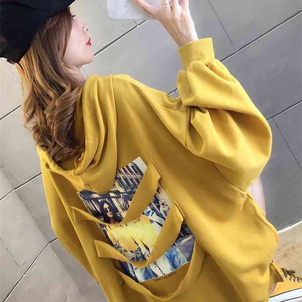 

women's clothes 2021 new spring and autumn thin middle long hoodie korean fashion loose bf lazy style, Black