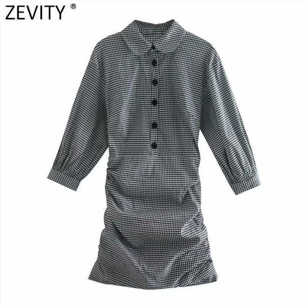 

zevity women vintage houndstooth plaid print pleated mini dress chic ladies lantern sleeve side zipper slim vestido ds4780 210603, Black;gray