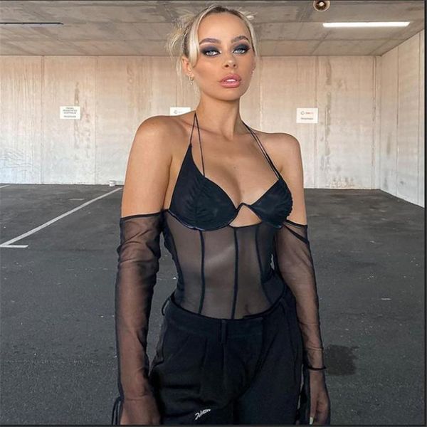 

women's t-shirt women mesh sheer patchwork tee halter v neck white/black long sleeves backless bodycon femme clubwear