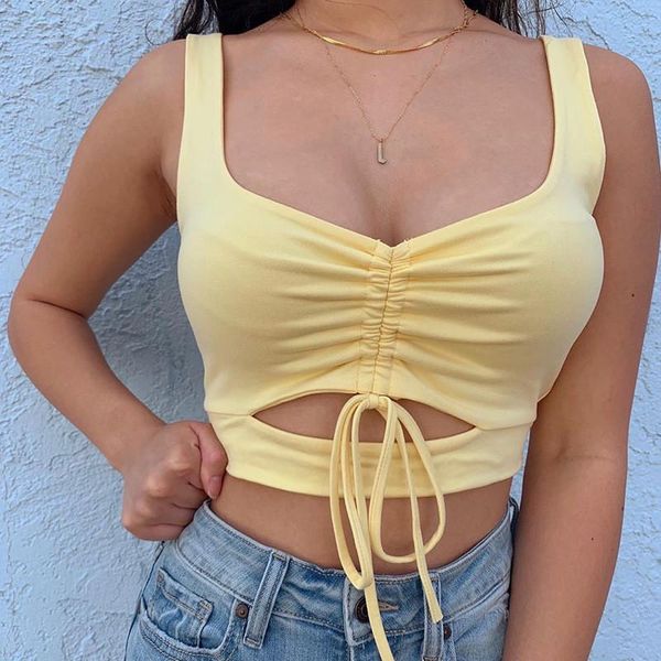 

women's tanks & camis 2021 fashion summer drawstring deep v-neck clubwear tank vest solid bodycon party hollow out streetwear bust, White