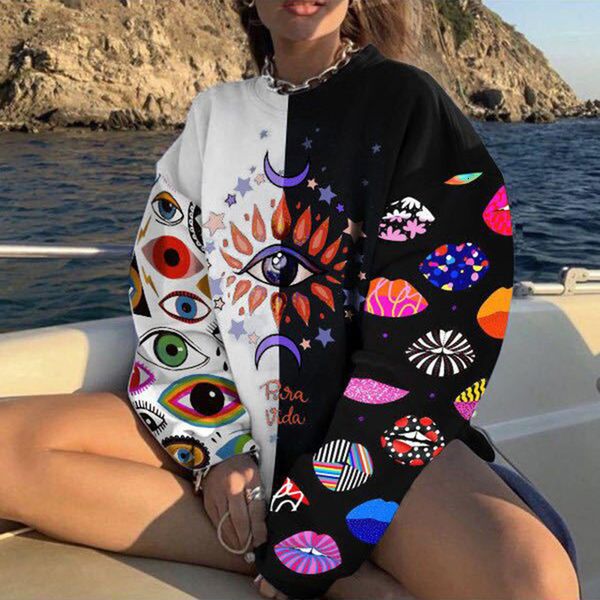 

women's hoodies & sweatshirts autumn eye pattern print harajuku hoodie sweatshirt women casual o neck long sleeve pullover la, Black