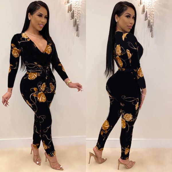 

floral printing women clubwear jumpsuits 2021 spring arrivals lady's deep v-neck sashes lace-up skinny rompers women's, Black;white