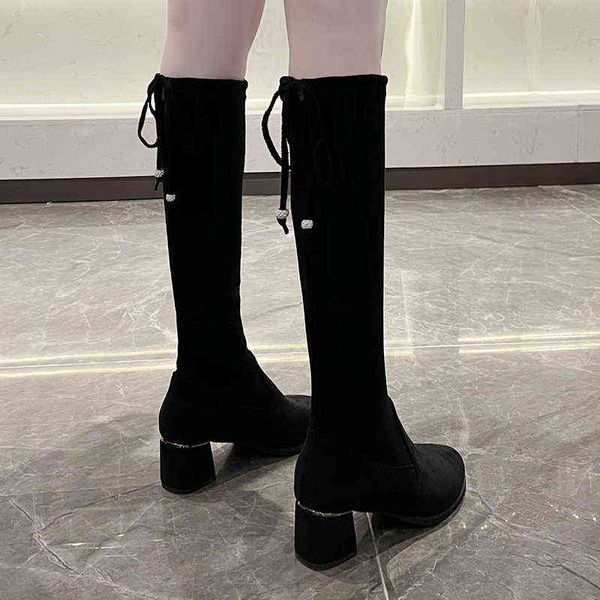 

2021 fashion women boots spring winter over the knee heels quality suede long comfort square botines mujer thigh high boots y1105, Black