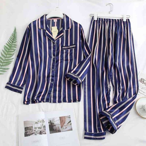 

women's sleepwear stripe lovers' 2pcs pajamas sets women outfits satin faux silk couple thin loose loungewear pyjamas lapel home c, Black;red
