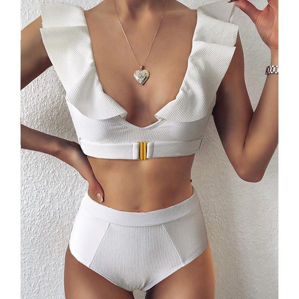 

women's swimwear high waist bikini set 2021 white swimsuit female belt ruffle biquinis ribbed women swim suit bathing bathers, White;black