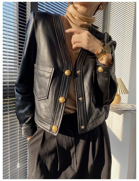 

Women's Leather & Faux Bomber Genuine Jacket Stylish V-neck Cropped Coat Spring Autumn Female Loose Real Sheepskin Jackets, Black