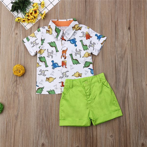 

1-5 years boys clothing set short sleeve boys shirt dinosaur print blouse boys set dragon green shorts outfit children suit, White;black