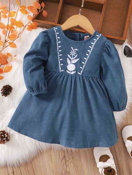 

baby floral embroidered bishop sleeve corduroy dress she, Red;yellow