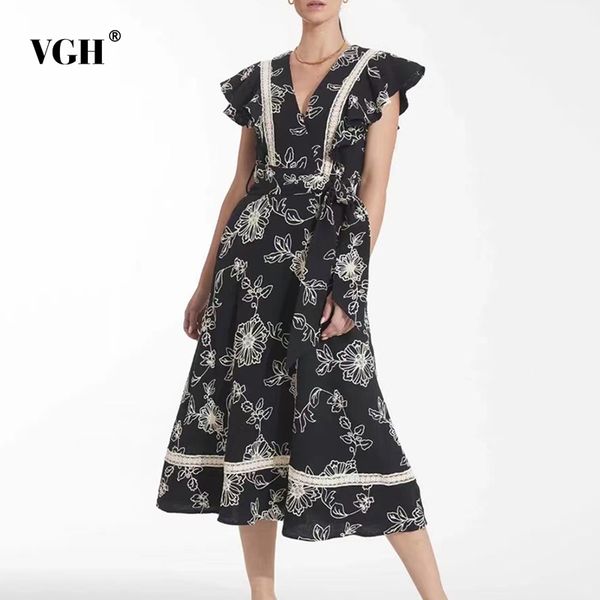 

elegant print embroidery dress for women v neck sleeveless high waist tunic patchwork midi dresses female summer tide 210507, Black;gray