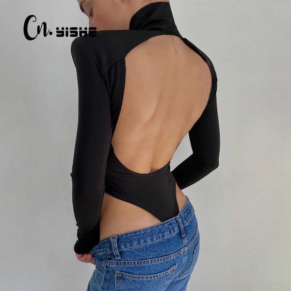 Cnyishe Seksi Backless Bodysuit Tulumlar Balıkçı Yaka Zarif kadınların Tops Casual Kadınlar Tulum Kış Tulum 210622