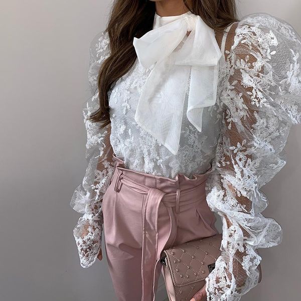 

women's blouses & shirts embroidery floral lace blouse women 2021 spring elegant ladies puff sleeve perspective white bow fashion